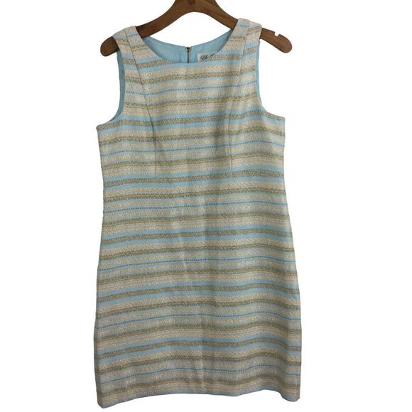 Eliza J Striped Tweed Dress Cream Blue Gold Metallic Shimmer Size 14 - Picture 1 of 10
